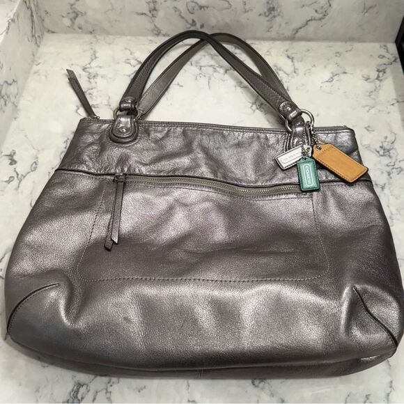 COACH POPPY LEATHER GLAM TOTE BAG ANTHRACITE vintage - Picture 1 of 16